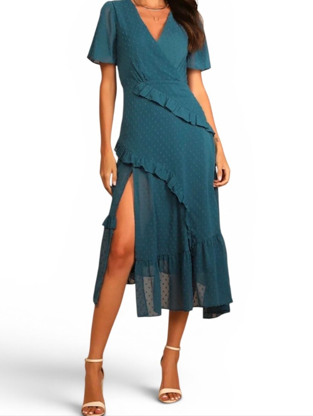 Lulu's Teal Ruffle Wrap Midi Dress with Side Slit